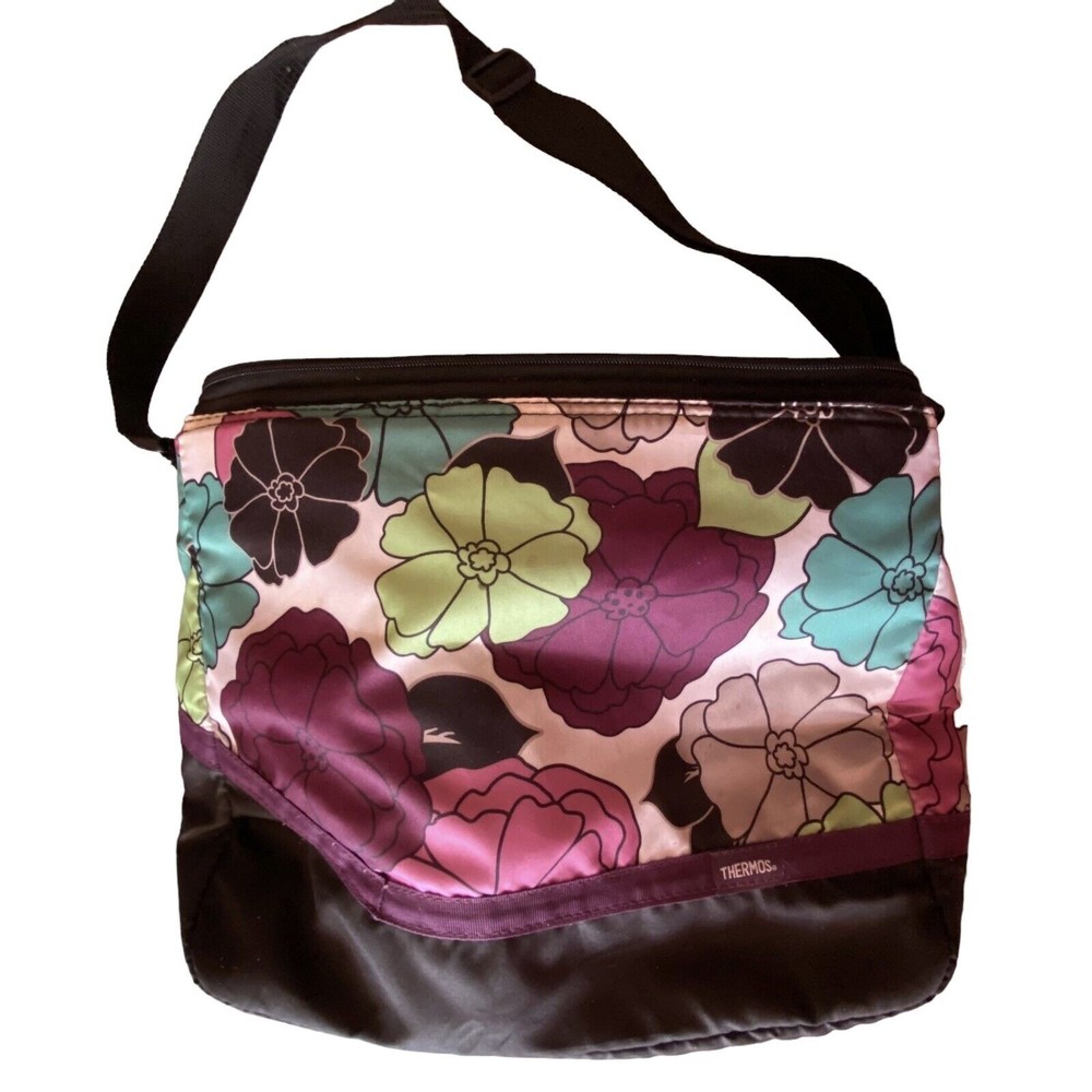 Thermos Insulated 18 Can Retro Black Floral Cooler Bag w/Adjustable Carry Strap